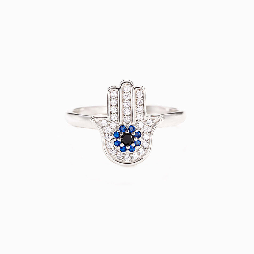 Anillo Hamséa – Anillo de Plata 925 con Mano de Fátima, Zirconia Azul y Blanca | Joyería con Símbolo de Protección