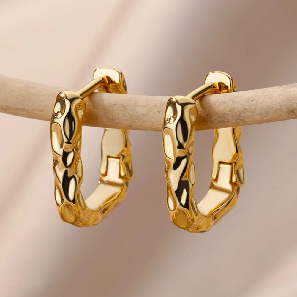 Organic Texture Rectangular Hoop Earrings | Gold-Plated Stainless Steel Serenyah