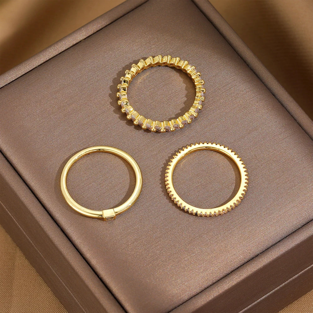 Conjunto de 3 peças/conjunto de anéis simples incrustados em zircónia cúbica Acessórios de joalharia de casamento de noiva Anel de dedo de zircão para mulher Bijutaria de atacado Aros