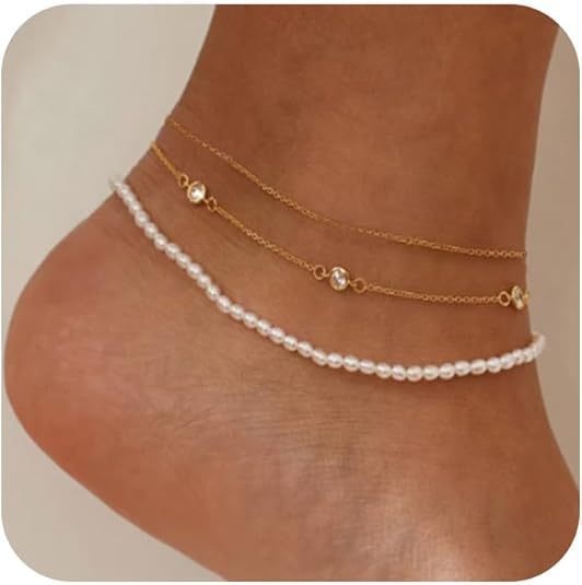 Tornozeleira Nicea em Camadas – Tornozeleira Minimalista Dourada e com Pérolas por Serenyah