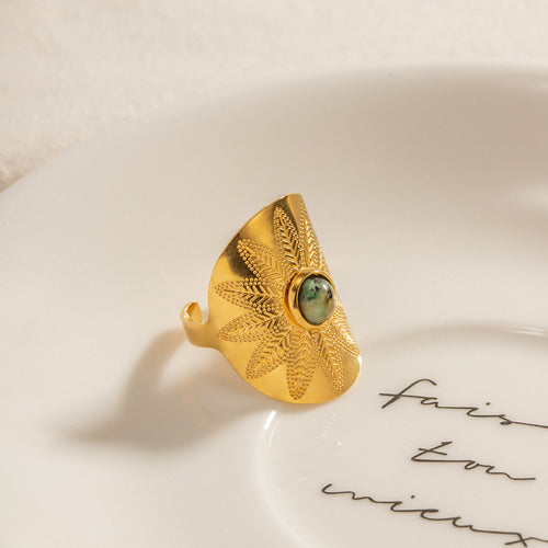 Anillo Aksum - Anillo de piedra turquesa africana | Joyería étnica bohemia de banda ancha para mujer