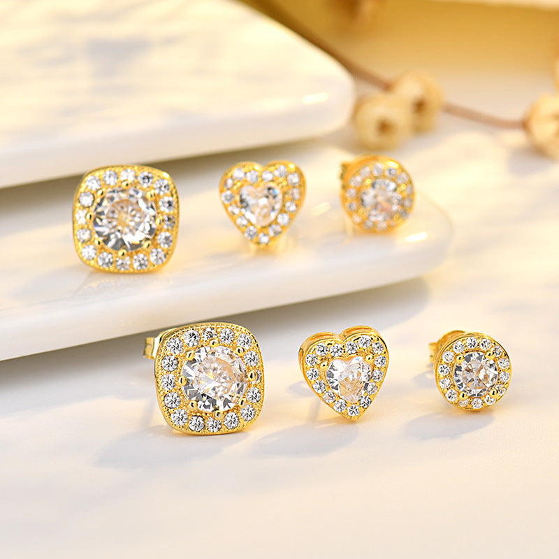 Lustre Trio Cubic Zirconia Earrings | Heart, Square & Round Stud Set – Serenyah