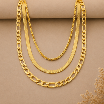 Set de collar de cadena de oro de 3 capas – Cuerda, espiga y Figaro | Serenyah