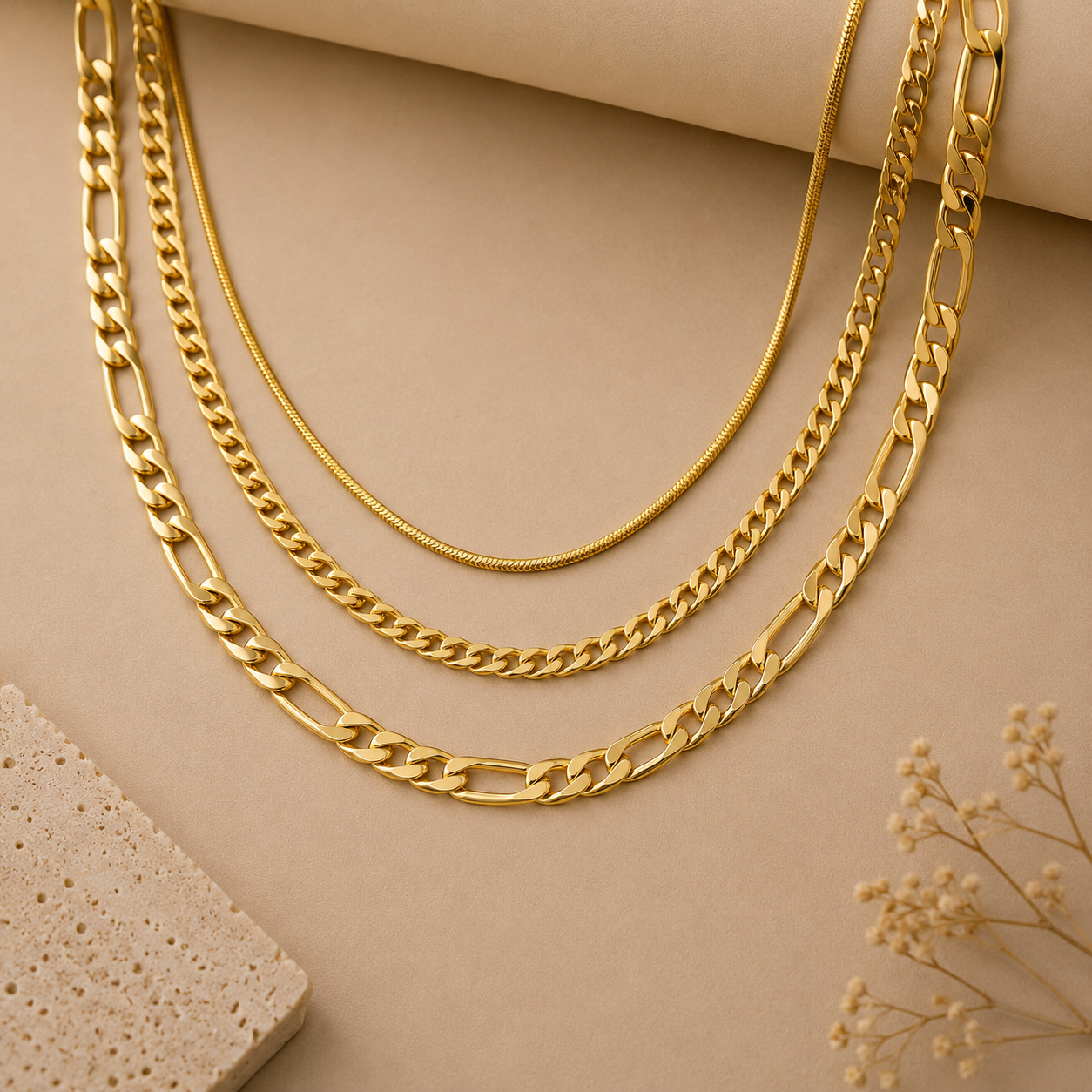 Juego de collar de cadena de oro de 3 capas – Serpiente, Curb y Fígaro | Serenyah
