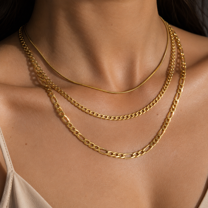 Juego de collar de cadena de oro de 3 capas – Serpiente, Curb y Fígaro | Serenyah