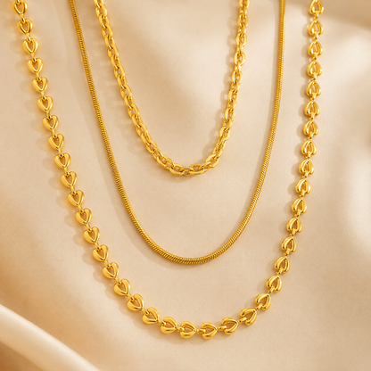 Juego de collares de cadena de oro de 3 capas – Eslabones de corazón, serpiente y cable | Serenyah