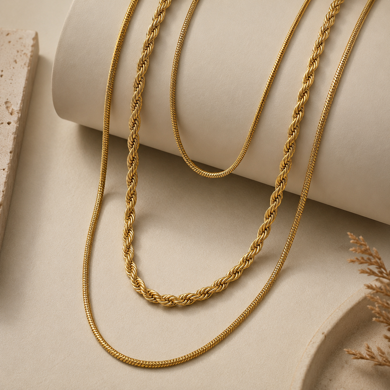 Set de Collares en Capas Dorados — Cadena Serpiente y Cadena Cuerda Serenyah