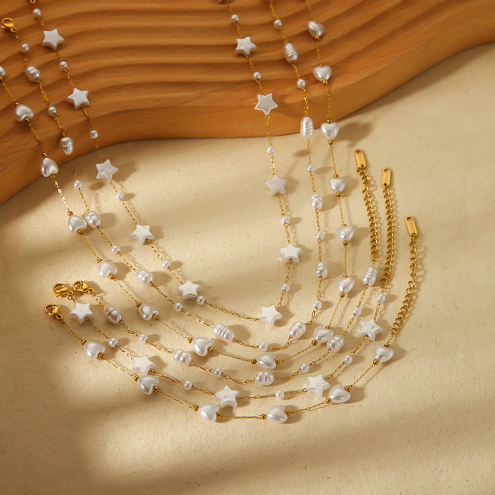 Costellazione di Perle – Gold Stainless Steel Pearl Bracelet with Stars & Hearts | Serenyah