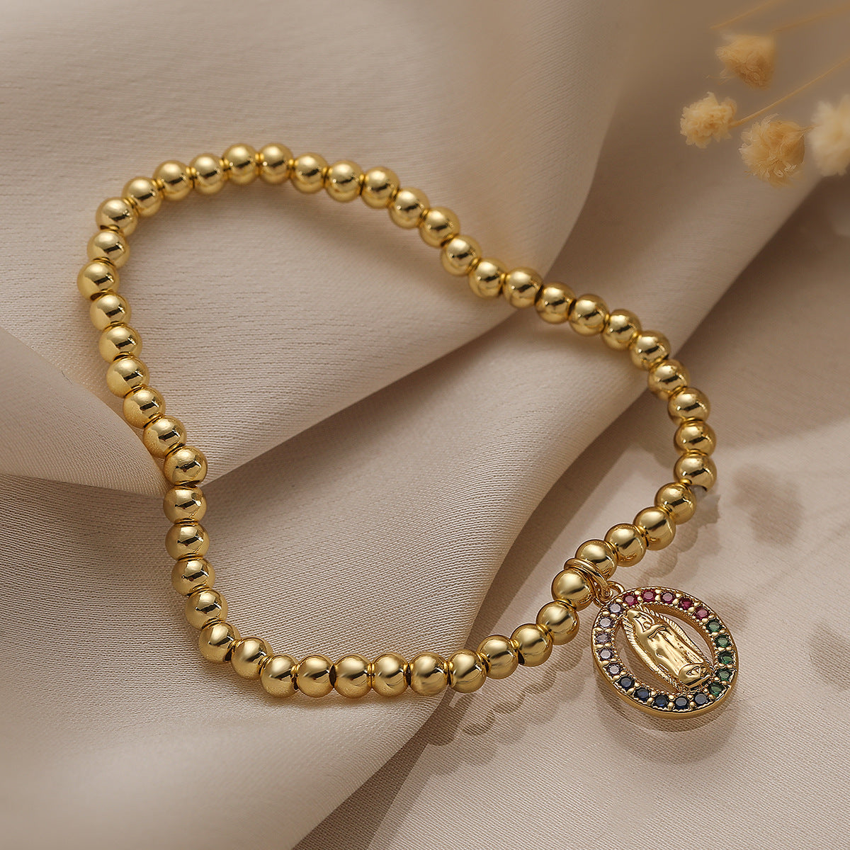 Santo Spirito – Gold Religious Bracelet with Cross & Virgin Mary Pendant | Zirconia | Serenyah