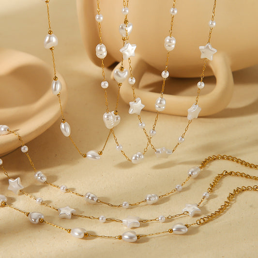 Costellazione di Perle – Pulseira de Aço Inoxidável Dourado com Pérolas, Estrelas e Corações | Serenyah