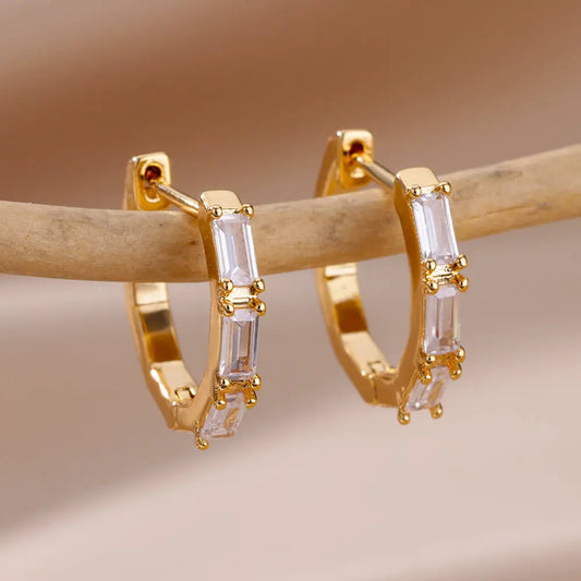 Triple Baguette Zirconia Hoop Earrings | Gold-Plated Stainless Steel Serenyah