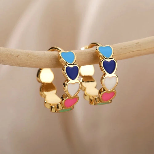 Multicolour Enamel Heart Hoop Earrings | Gold-Plated Stainless Steel Serenyah