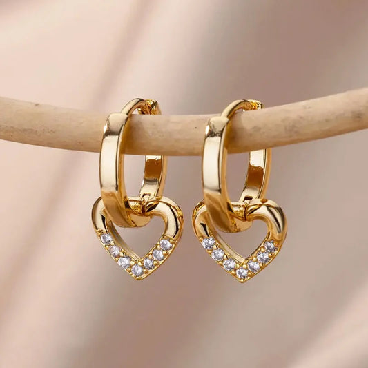 Brincos de Argola Pendentes com Coração Aberto em Zircónia | Aço Inoxidável Banhado a Ouro Serenyah
