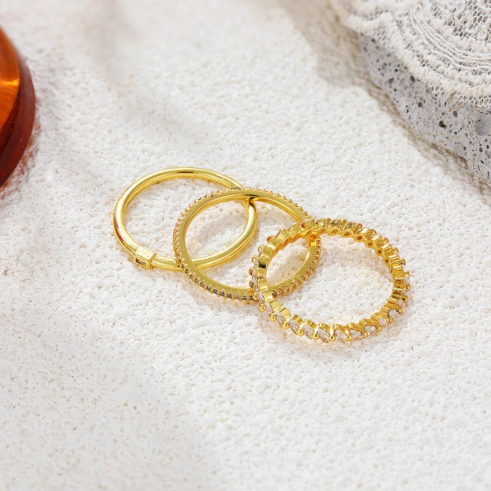 Gold Stacking Ring Set of 3 | Zirconia Eternity, Milgrain & Plain Band Serenyah