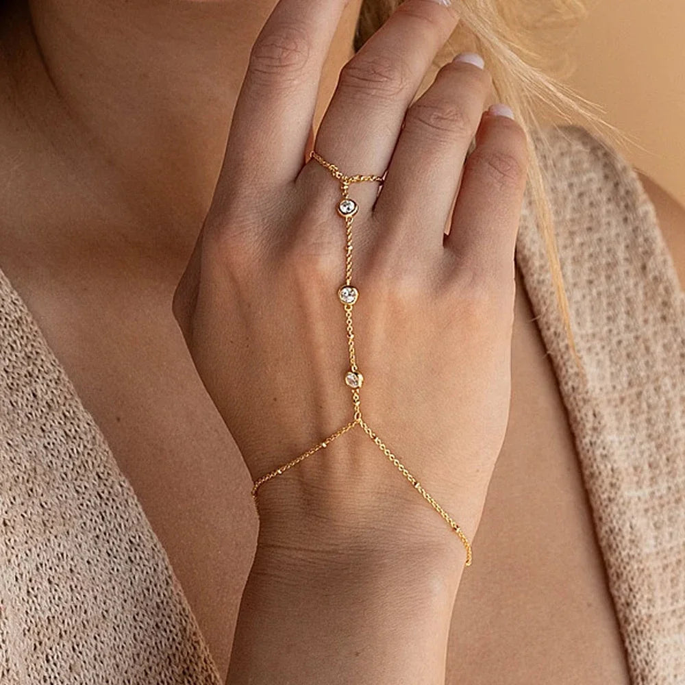 Zirconia Hand Chain Ring Bracelet | Gold-Plated Stainless Steel Serenyah