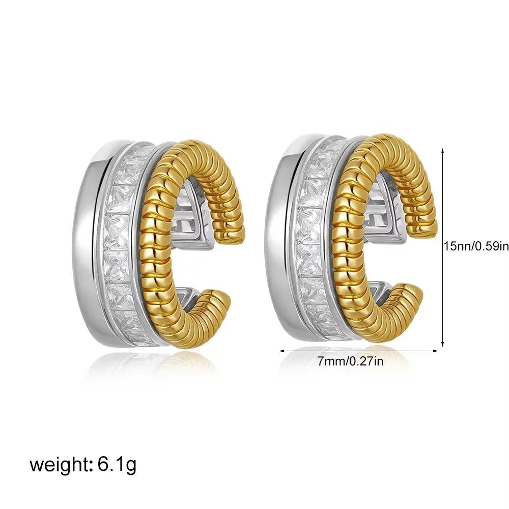 Two-Tone Triple Layer Huggie Earrings | Princess Zirconia & Coiled Gold Serenyah