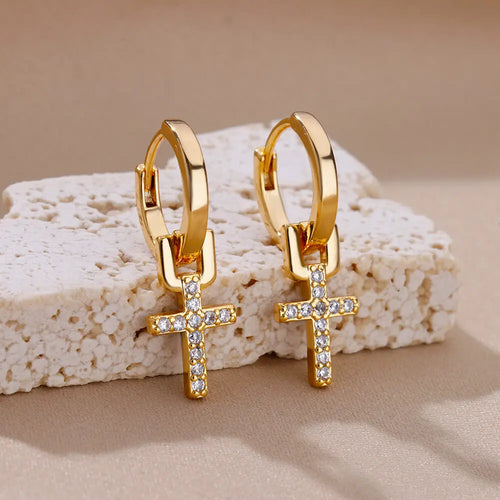 Zirconia Cross Drop Hoop Earrings | Gold-Plated Stainless Steel Serenyah