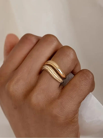 Anel Ondulado Pavé Zircónia Dourado e Prateado Serenyah