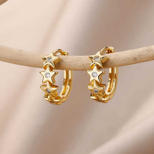 Brincos de Argola Star Link Zirconia | Aço Inoxidável Banhado a Ouro Serenyah