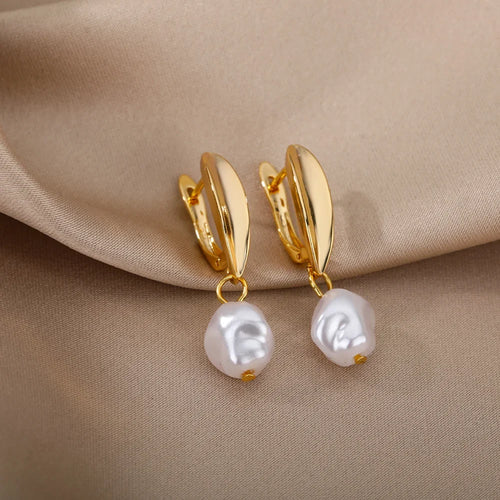 Oval Petal Baroque Pearl Drop Huggie Earrings | Gold-Plated Stainless Steel Serenyah