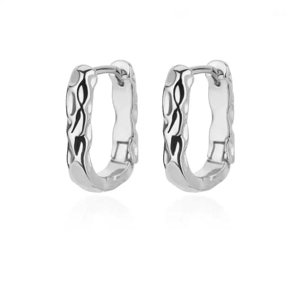 Flame Engraved Rectangular Hoop Earrings | Silver Stainless Steel Serenyah