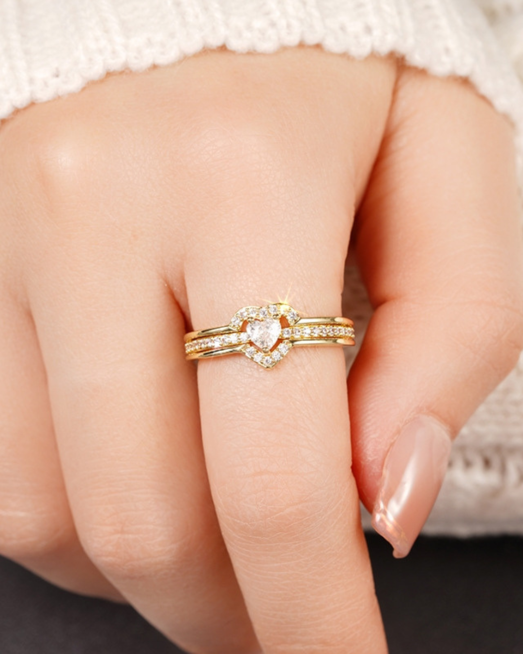Améline Ring – Heart Zirconia Ring with Double Setting, Gold or Silver | Romantic & Elegant