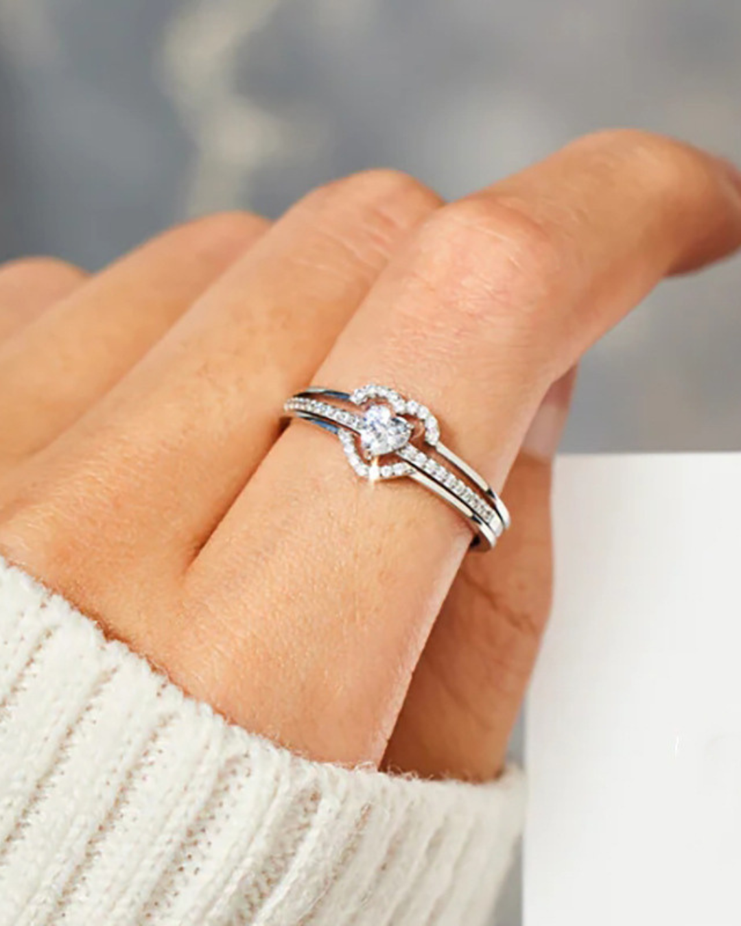 Améline Ring – Heart Zirconia Ring with Double Setting, Gold or Silver | Romantic & Elegant