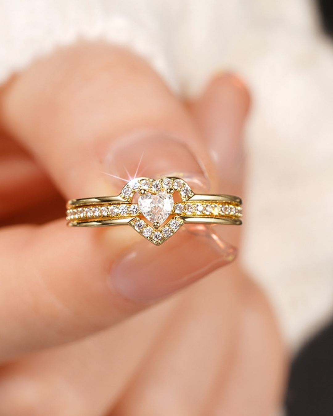 Améline Ring – Heart Zirconia Ring with Double Setting, Gold or Silver | Romantic & Elegant