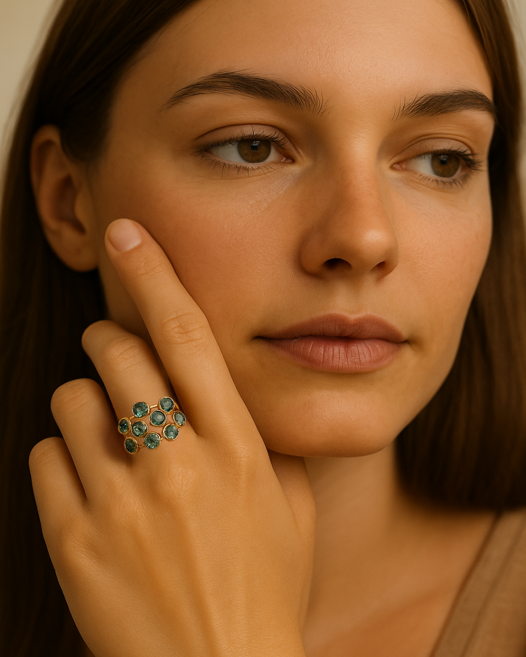 Anillo Auralie – Anillo multicapa chapado en oro con cristales verde aguamarina | Joyería de Glamour