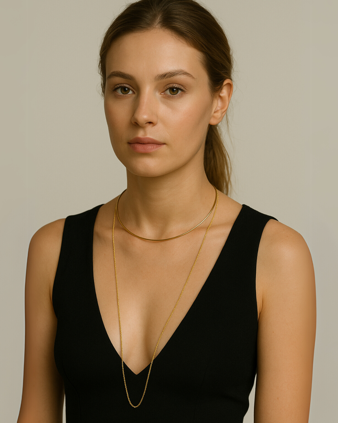 Aureum Curve Gold Layered Necklace | Crescent Collar & Long Chain – Serenyah