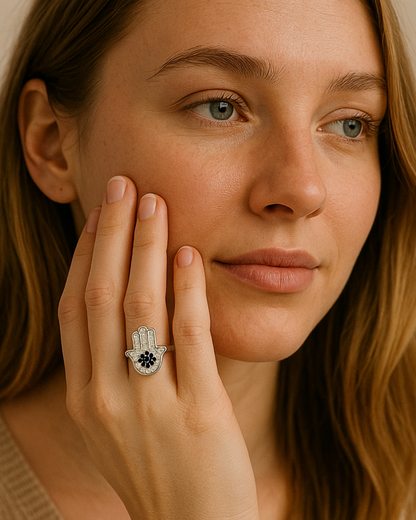 Anillo Hamséa – Anillo de Plata 925 con Mano de Fátima, Zirconia Azul y Blanca | Joyería con Símbolo de Protección
