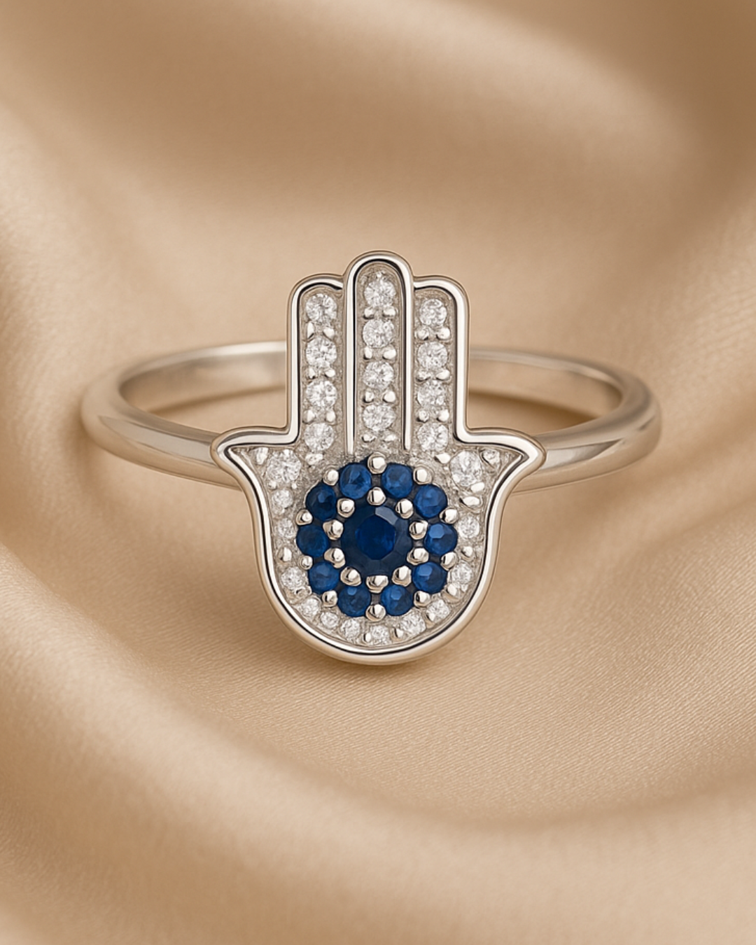 Anillo Hamséa – Anillo de Plata 925 con Mano de Fátima, Zirconia Azul y Blanca | Joyería con Símbolo de Protección