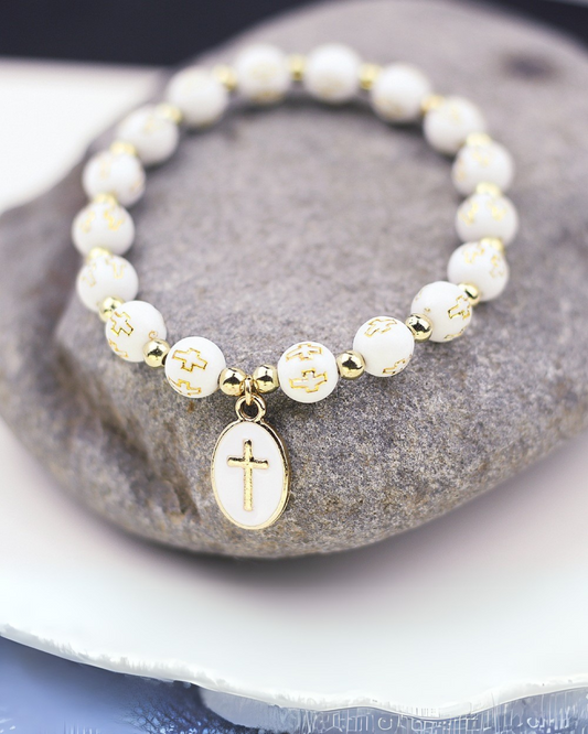 Luce Viva – Pulseira de Contas com Cruz Pendente | Joias de Fé em Preto ou Branco e Dourado | Serenyah