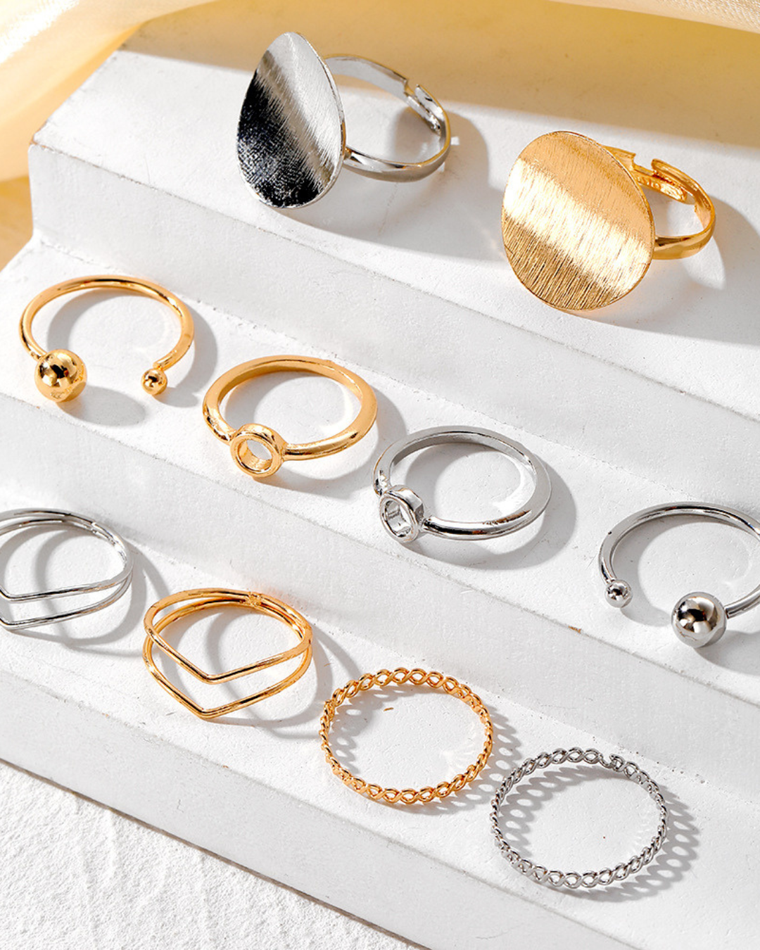 Ornys Set – 5-Piece Geometric Ring Set in Gold or Silver | Modern Minimalist Stacking Rings