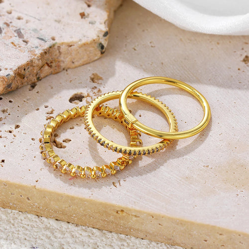 Gold Stacking Ring Set of 3 | Zirconia Eternity, Milgrain & Plain Band Serenyah