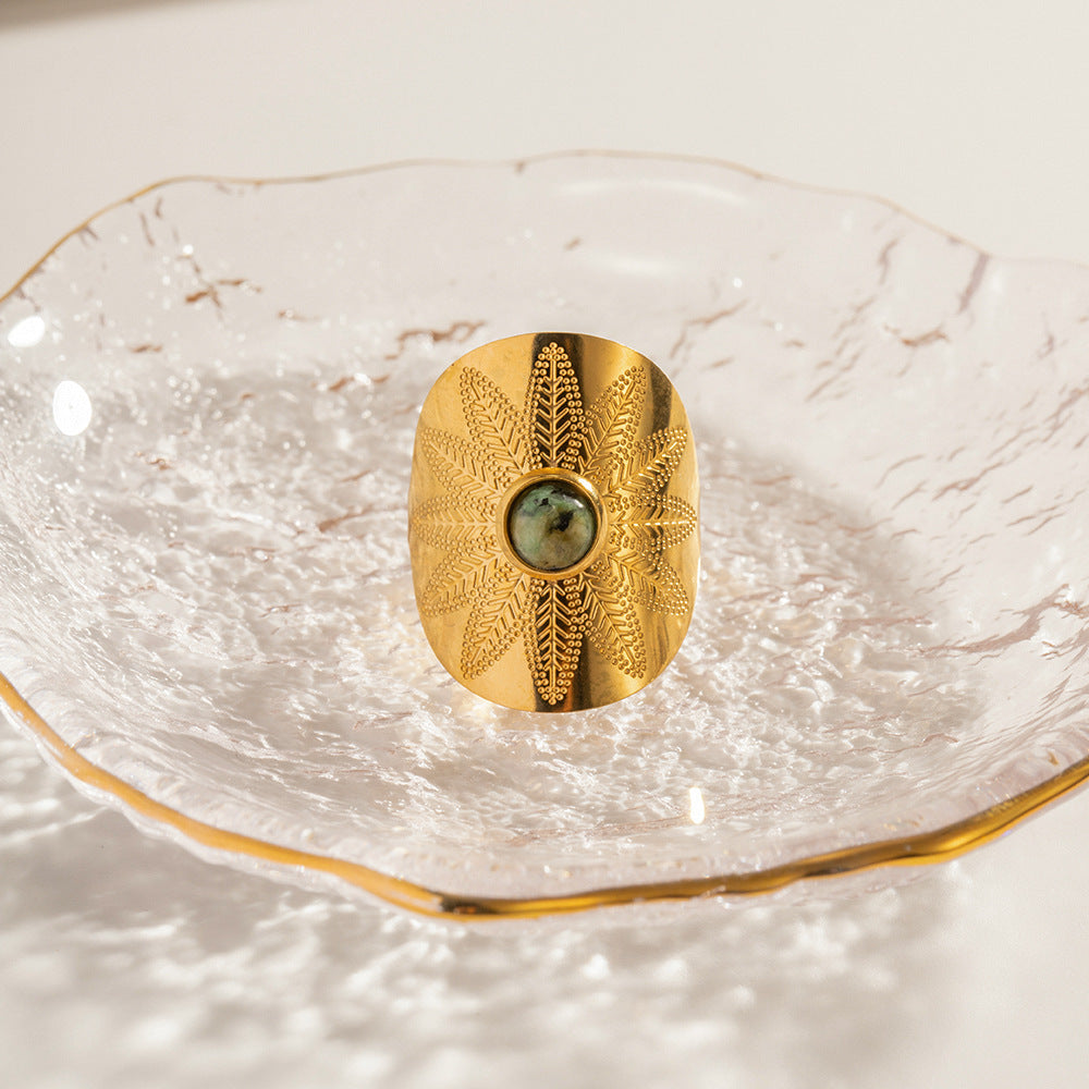 Anillo Aksum - Anillo de piedra turquesa africana | Joyería étnica bohemia de banda ancha para mujer