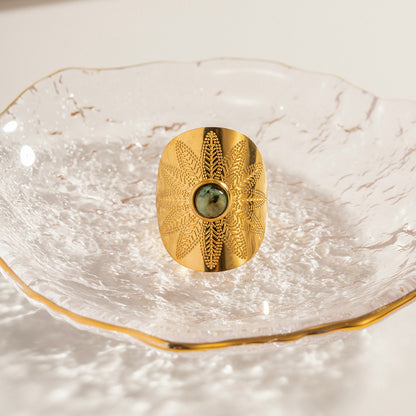 Anillo Aksum - Anillo de piedra turquesa africana | Joyería étnica bohemia de banda ancha para mujer