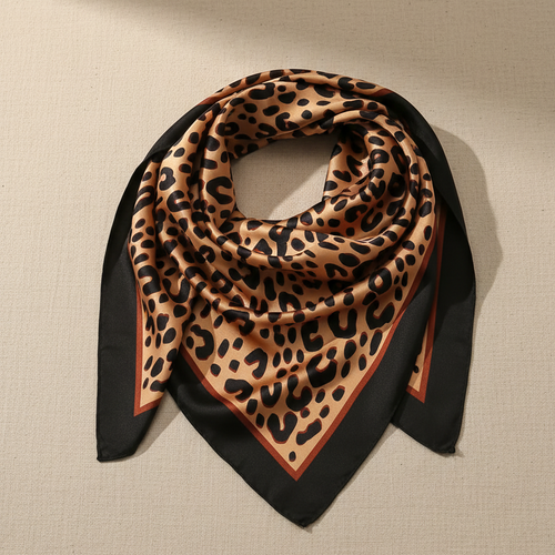 Camel Leopard Print Silk Scarf – Editorial Product Photography