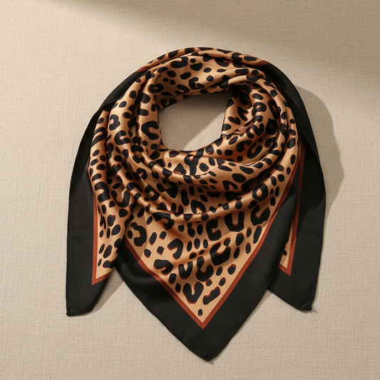 Camel Leopard Print Silk Scarf – Editorial Product Photography