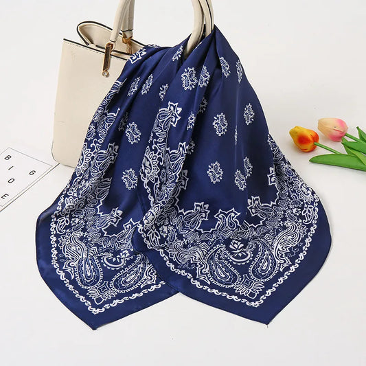 Navy Blue Paisley Silk Scarf — Dense Print Edition