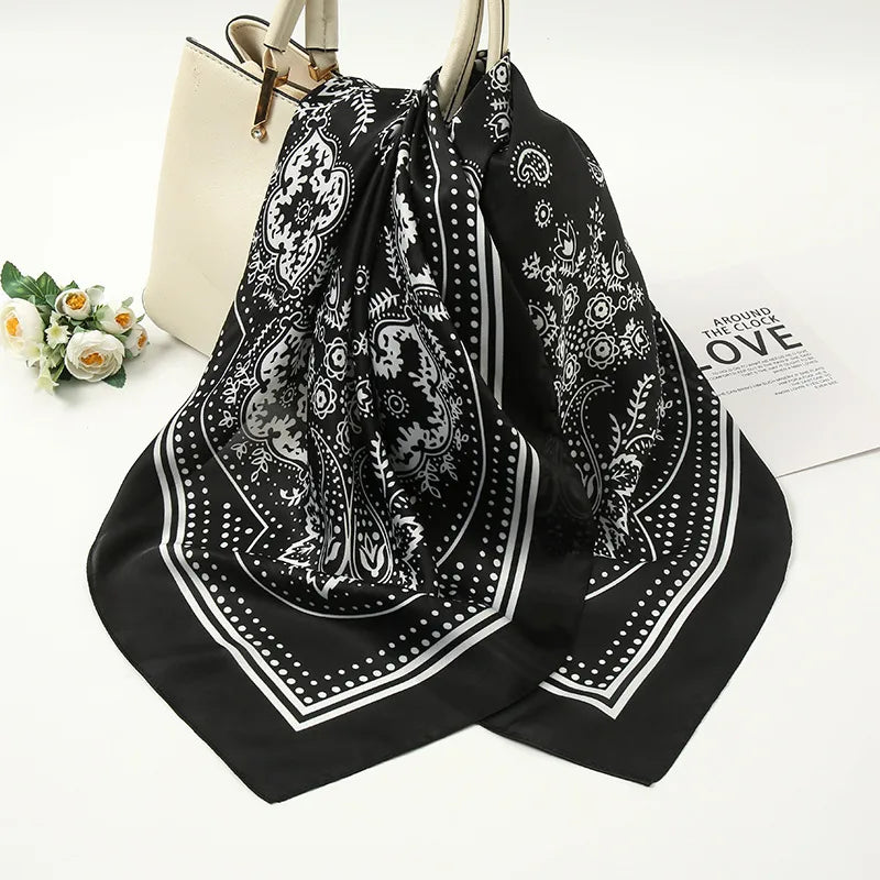 Lenços de seda femininos elegantes com estampado geométrico em cetim - FJ016-2 Preto / 70-70cm